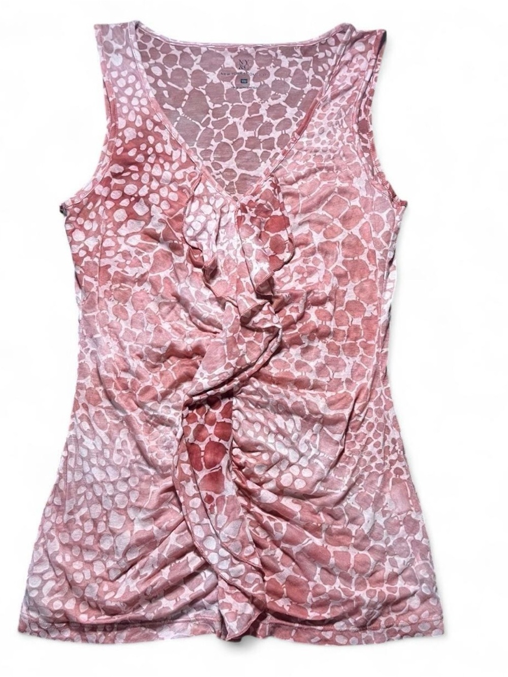 New York & Company Sleeveless Pink Animal-Print Ruffle Front Top